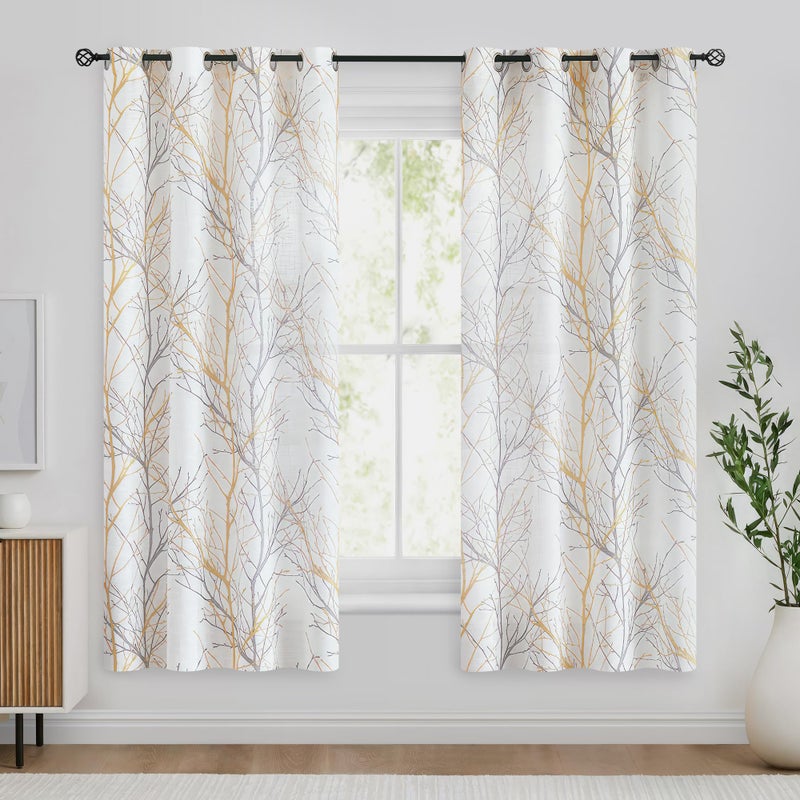 FMFUNCTEX Linen Semi Sheer Curtains for Bedroom, Yellow White Curtains 63 Inches Long for Living Room, Grey Tree Branch Print Curtain Light Filtering Farmhouse Window Drapes, Grommet Top 2 Panels - Image 2